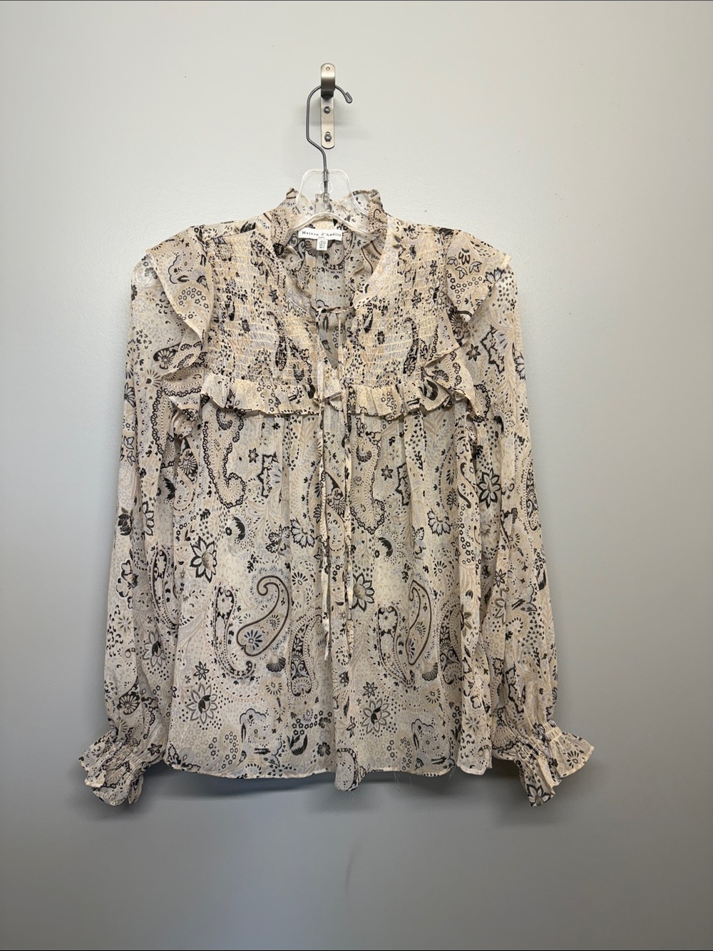 Maison d’Amelie Anthropologie Cream and Black Paisley Ruffle Tie-Neck Blouse